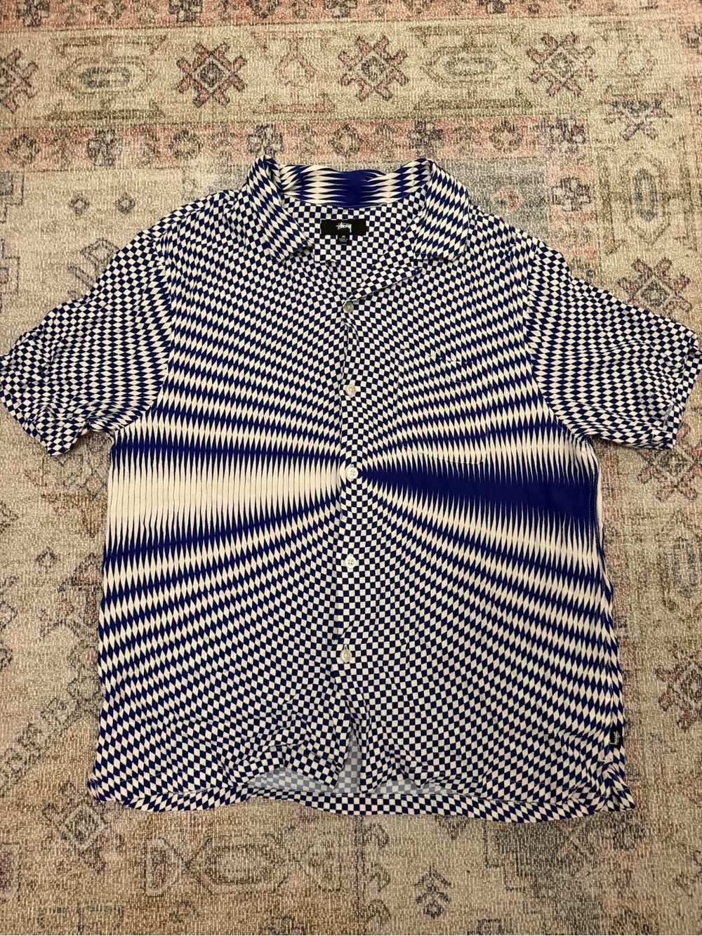 Stussy Blue and White Optical-Print Short Sleeve Button-Up Shirt